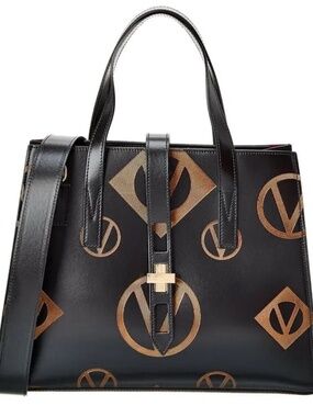 Mario Valentino 'Lisa' Magnus Italian Leather Navy/Gold Logo Bag Tote EUC